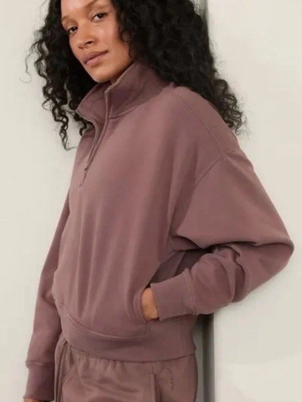 Athleta Forever Fleece Cropped 1/2 Zip Pullover Sweatshirt in Smokey Rose Size S